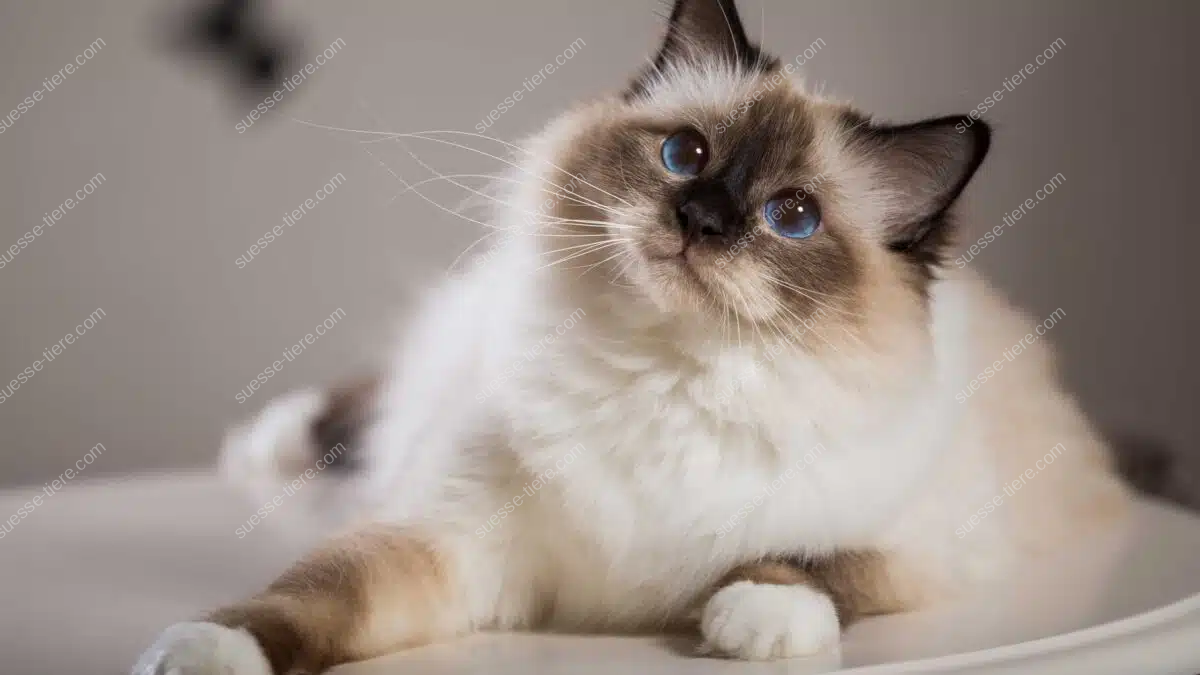 Eine Birma-Katze mit blauen Augen und weißen Pfoten liegt entspannt auf einem Tisch und blickt neugierig und frech nach oben.