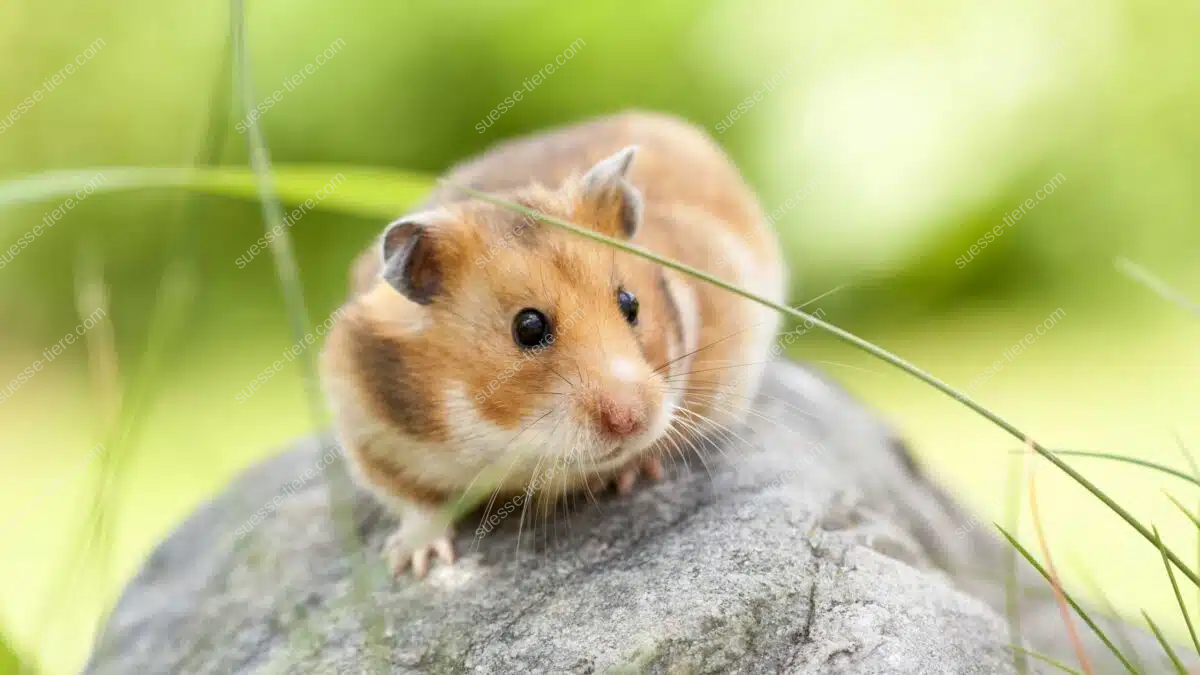 Ein Goldhamster sitzt auf einem Stein und blickt wachsam in die Umgebung.