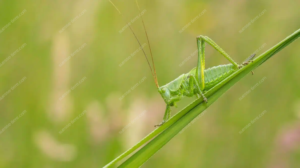 Ein Grünes Heupferd sitzt auf einem Grashalm, leuchtet im Sonnenlicht und fügt sich perfekt in das grüne Umfeld ein.