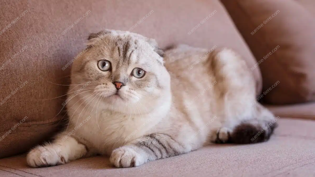 Eine Schottische Faltohrkatze liegt entspannt auf einem Sofa und blickt ruhig in die Kamera.