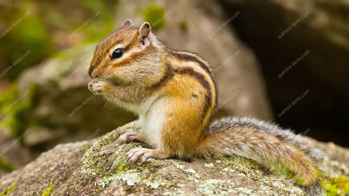 Ein Sibirisches Streifenhörnchen sitzt auf einem Stein und knabbert an einem Futterstück.