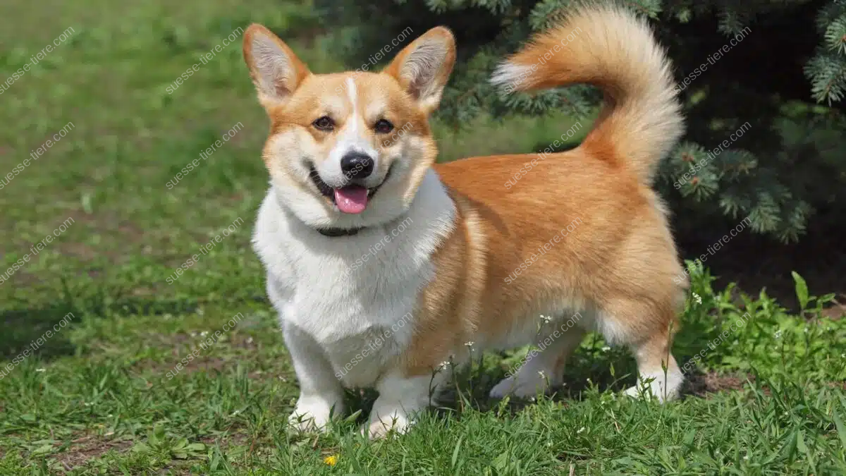 Ein Welsh Corgi Pembroke steht auf einer grünen Wiese, blickt neugierig in die Kamera und zeigt seine typischen aufgerichteten Ohren.