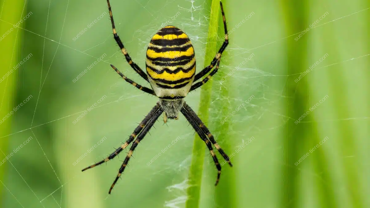 Eine Wespenspinne sitzt in der Mitte ihres schimmernden Netzes zwischen hohen Gräsern.