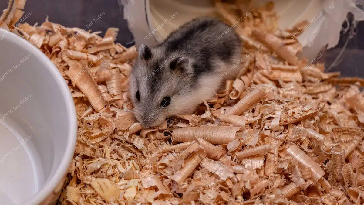 Ein Campbell-Zwerghamster sitzt aufmerksam im Holzstreu seines Geheges.