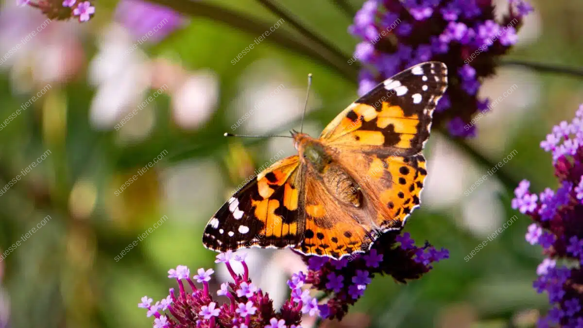 Ein Distelfalter sitzt mit ausgebreiteten Flügeln auf einer violetten Blüte.