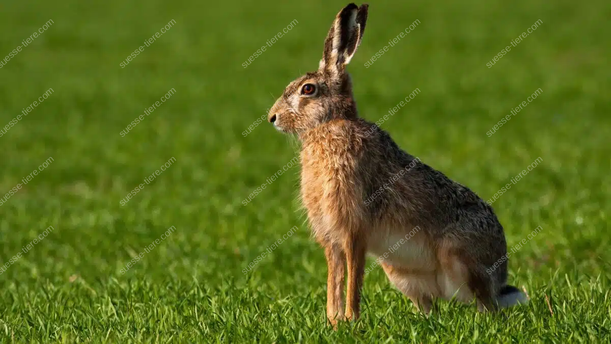 Ein Europäischer Feldhase sitzt im grünen Gras und blickt aufmerksam in die Ferne.
