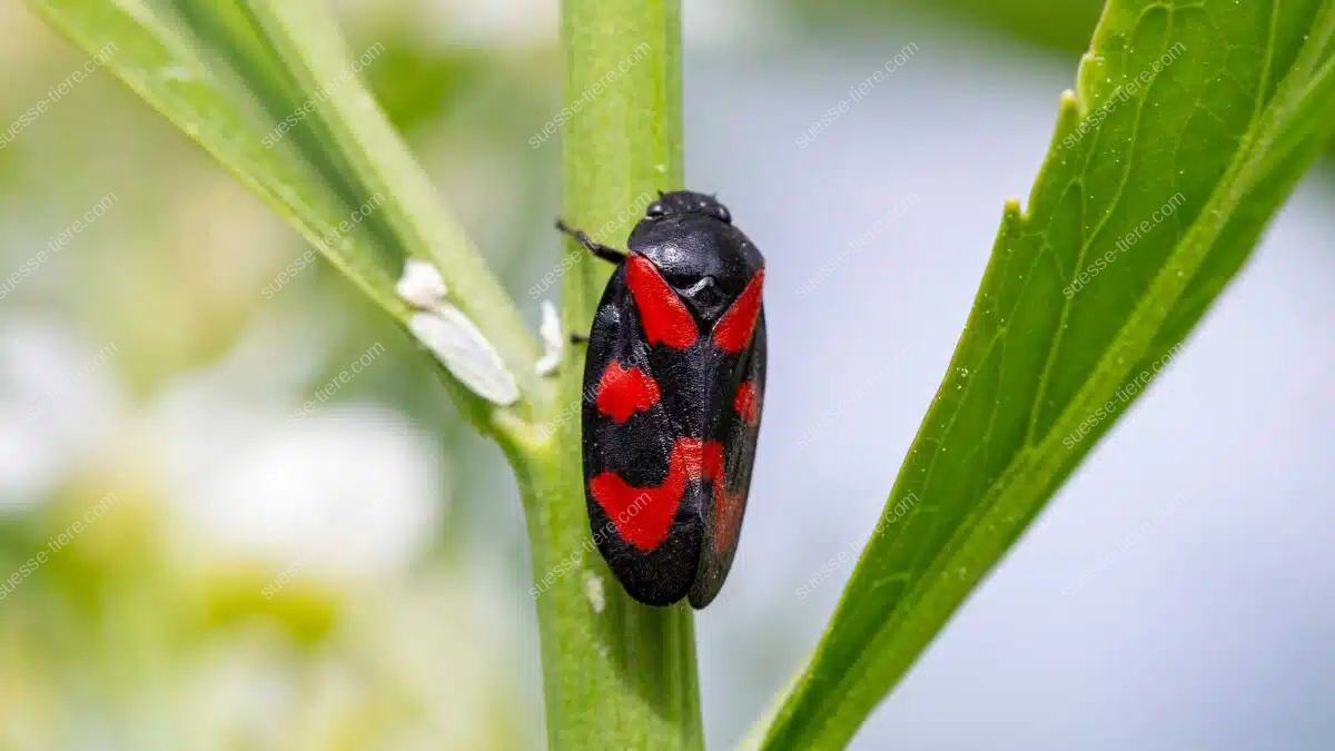 Eine Gemeine Blutzikade sitzt auf einem Pflanzenstängel und zeigt ihr auffälliges Rot-Schwarz-Muster.