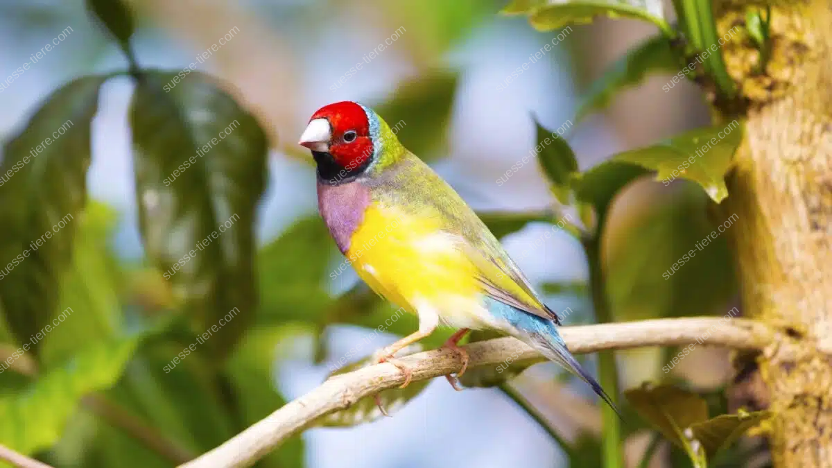 Eine Gouldamadine in kräftigen Farben sitzt auf einem Ast im tropischen Grün.