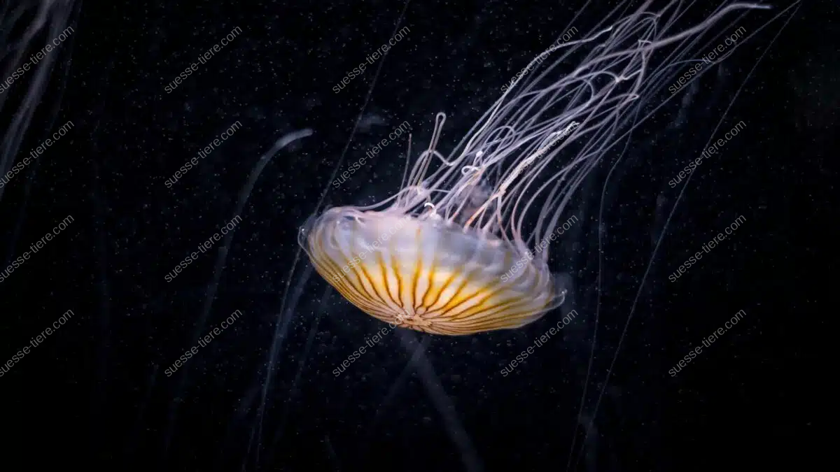 Eine Kompassqualle mit leuchtendem Schirm und langen Tentakeln schwebt im offenen Wasser.