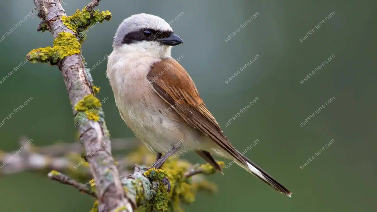 Ein Neuntöter mit grauem Kopf, schwarzer Augenmaske und braunem Rücken sitzt aufmerksam auf einem bemoosten Ast.