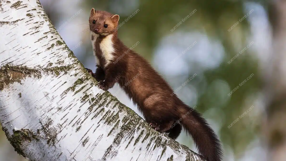 Ein Steinmarder mit hellem Kehlfleck steht aufmerksam auf einem schrägen Birkenstamm.