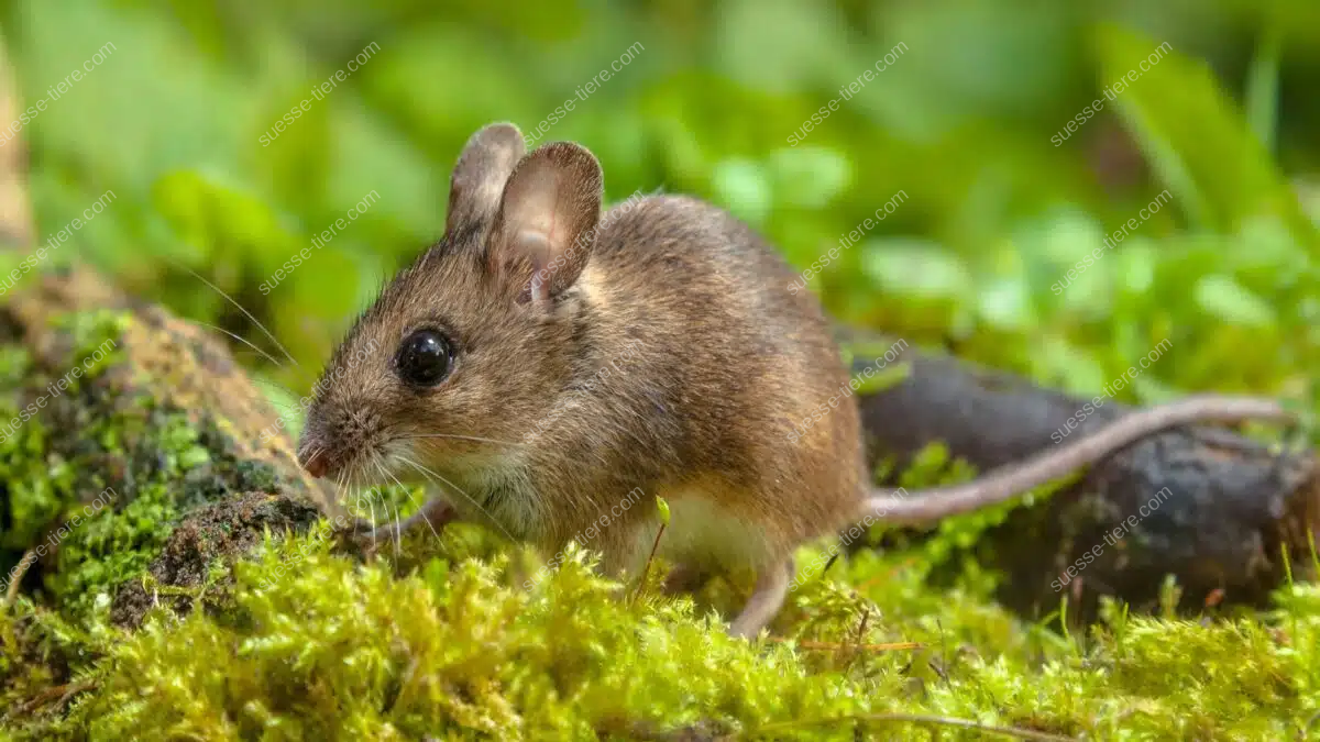 Eine Waldmaus sitzt aufmerksam zwischen Pflanzen auf einem moosigen Waldboden.