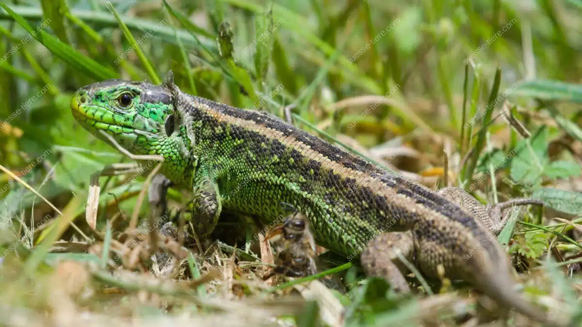 Eine grüne Zauneidechse sitzt aufmerksam im Gras und blickt zur Seite.