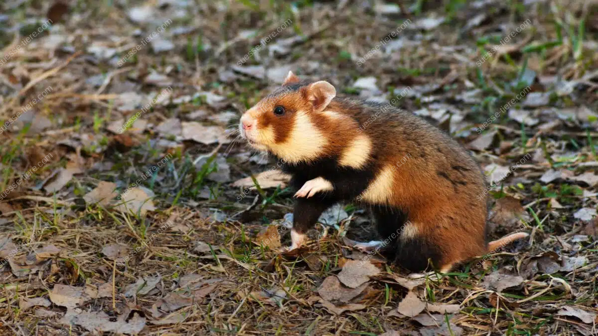 Ein Europäischer Feldhamster sitzt aufmerksam zwischen trockenem Laub auf dem Waldboden.