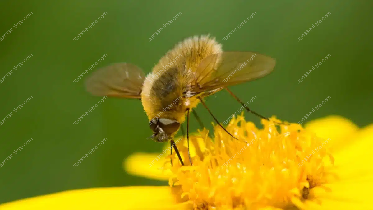 Ein Großer Wollschweber schwebt über einer gelben Blüte und saugt Nektar.