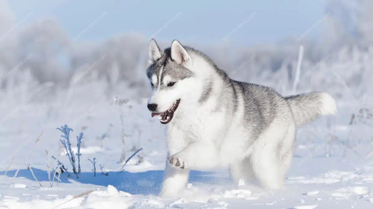 Ein Siberian Husky bewegt sich kraftvoll durch tiefen Schnee in winterlicher Umgebung.
