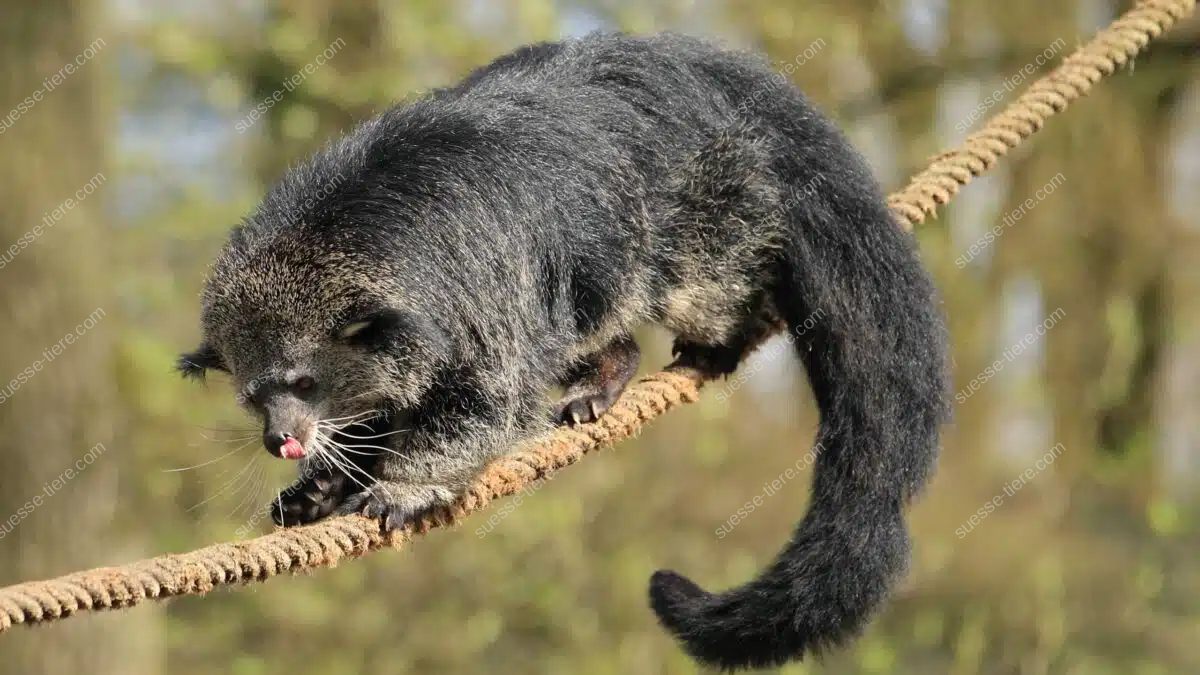 Ein Binturong balanciert auf einem Seil und streckt dabei leicht die Zunge heraus.
