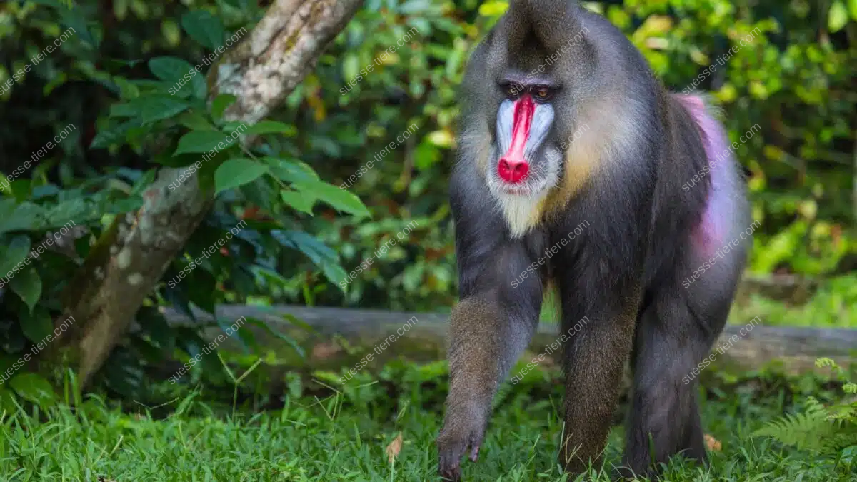 Ein Mandrill mit auffälligem Gesicht läuft durch den Regenwald.