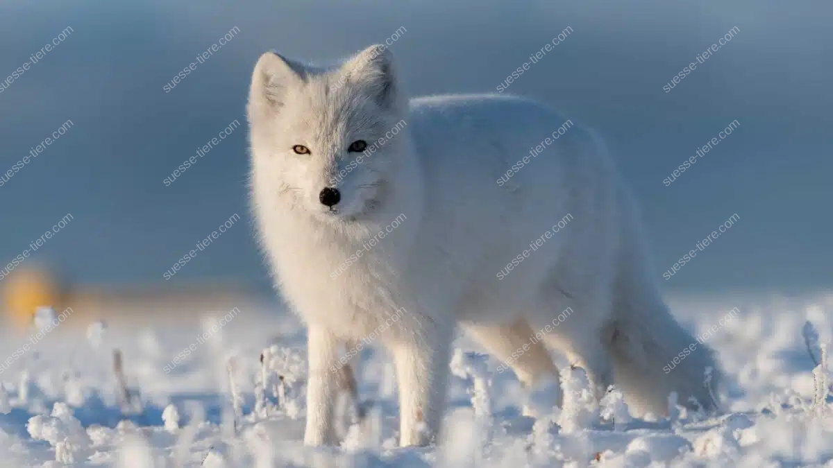 Ein weißer Polarfuchs steht im Schnee und blickt aufmerksam in die Umgebung.