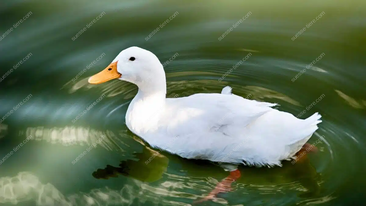Eine Hausente schwimmt auf einem ruhigen Teich zwischen Wasserpflanzen.