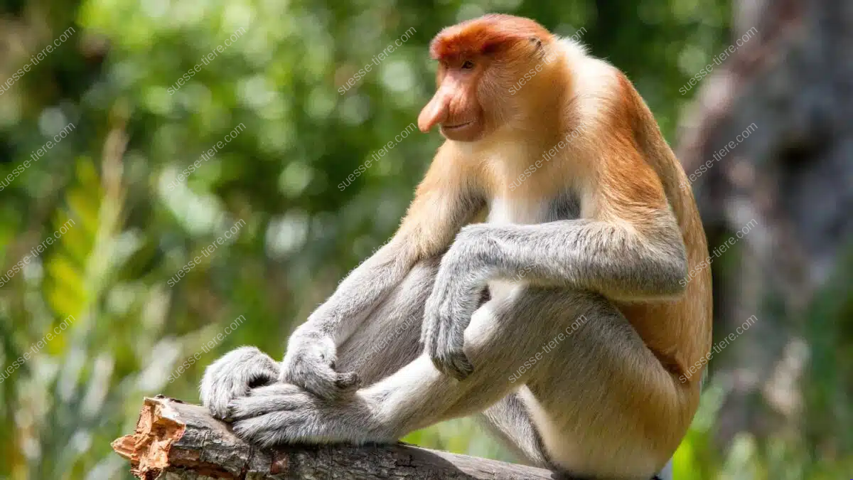 Ein Nasenaffe sitzt aufmerksam auf einem Baumstamm in seinem natürlichen Lebensraum auf Borneo.