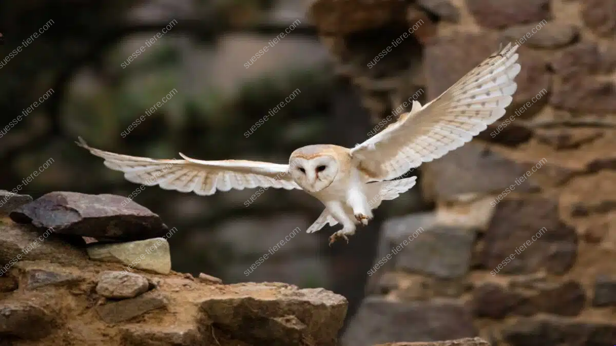 Eine Schleiereule fliegt mit weit geöffneten Flügeln vor einer alten Steinmauer.