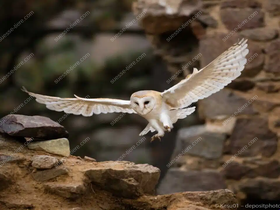Eine Schleiereule fliegt mit weit geöffneten Flügeln vor einer alten Steinmauer.