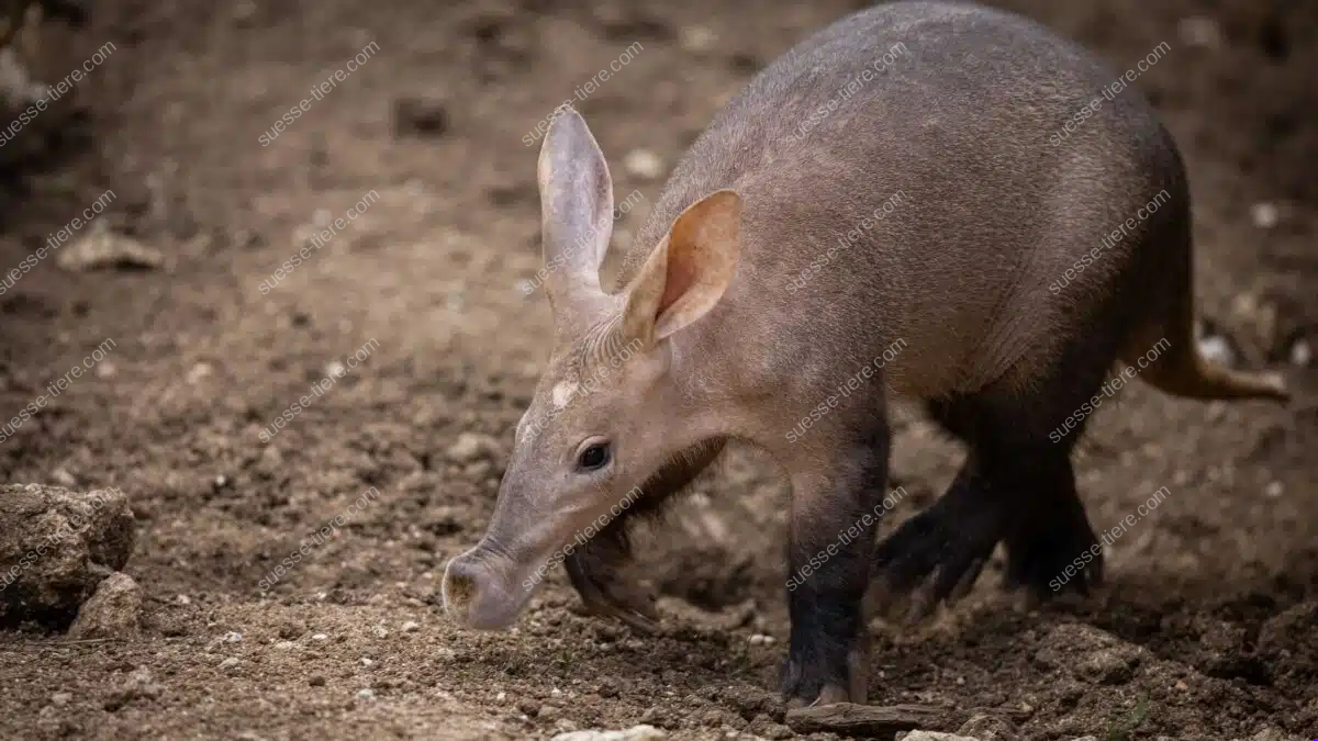 Ein Erdferkel steht mit gesenkter Schnauze und großen Ohren auf lockerem Boden.