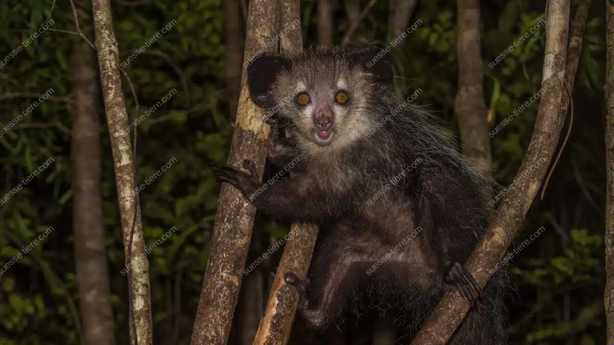 Ein Fingertier mit großen Ohren sitzt nachts zwischen schmalen Ästen im Wald.