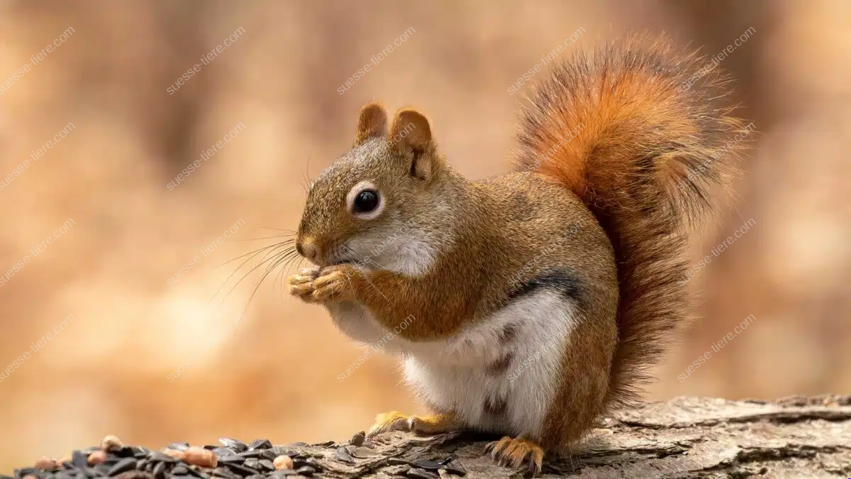 Ein Gemeines Rothörnchen hält Futter in den Pfoten und sitzt auf einem Baumstamm.